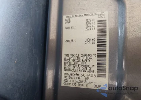 2021 Nissan Maxima Sv Xtronic Cvt from USA, damaged, VIN 1N4AA6CV8MC504608